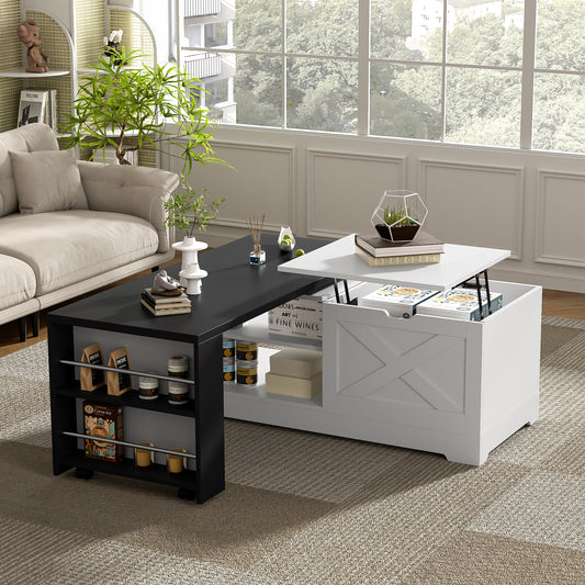 U-Can Farmhouse  Lift Top Coffee Table With Barn Doors, Wood Rectangle Center Table With Large Hidden Storage Space And Open Cabinet, For Living Room, Bedroom, Home Office