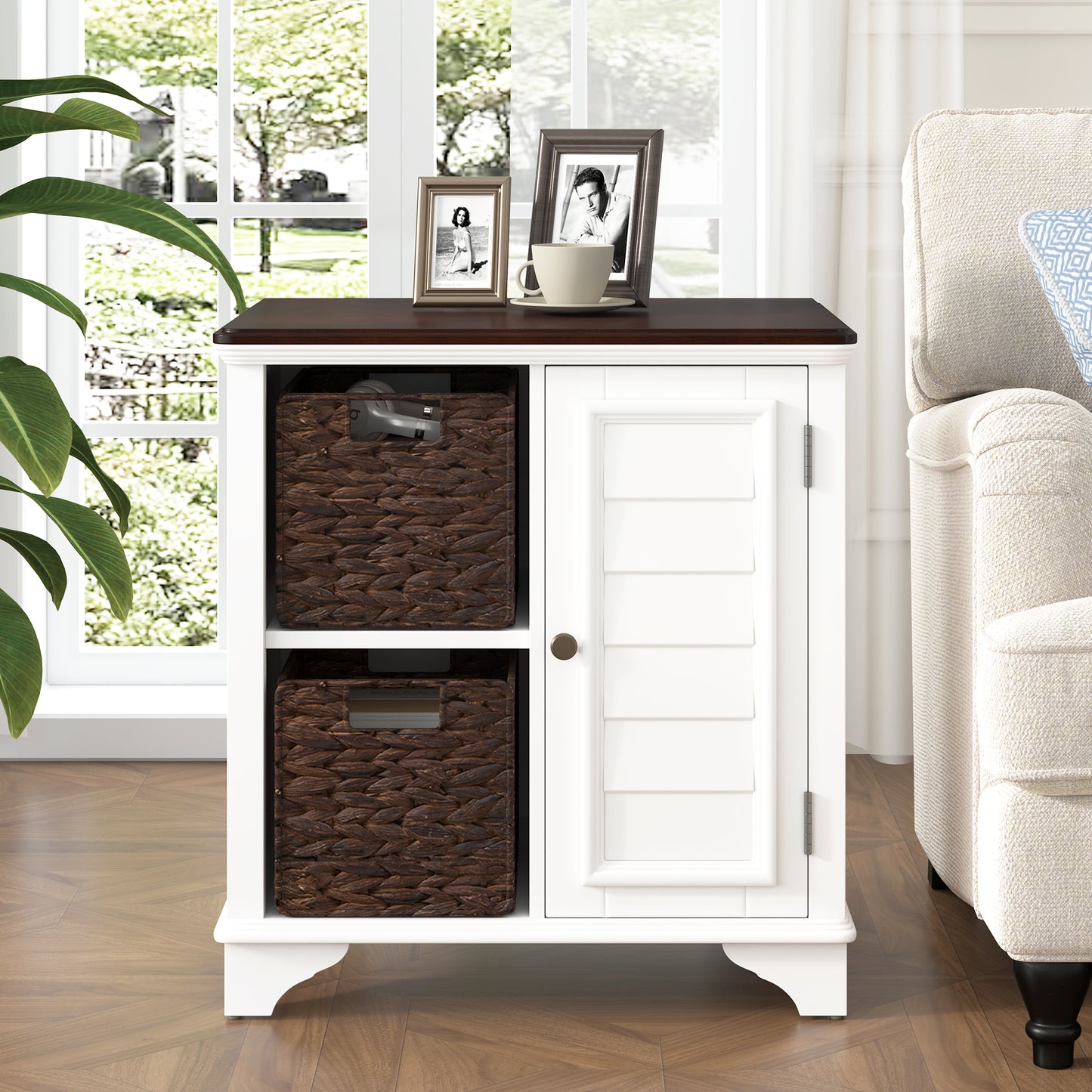 U Can  End Table Side Table with a shutter style design.With two woven grass baskets
