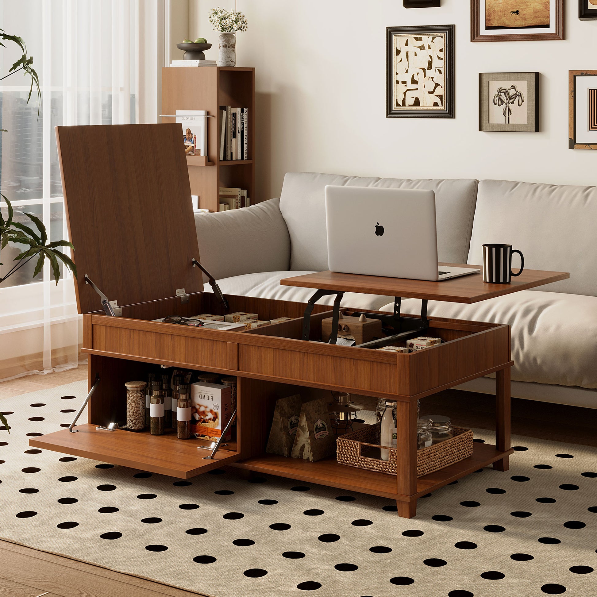 U-Can Lift-Top Coffee Table with Hidden Compartment, Open Shelf, and Adjustable Desktop, brown