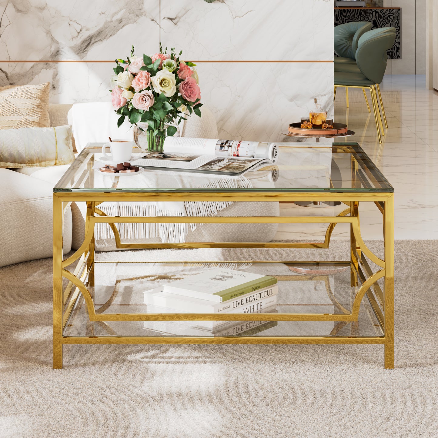 Transparent Glass Coffee Table - Geometric Gold Frame for Living Room
