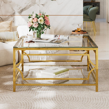 Transparent Glass Coffee Table - Geometric Gold Frame for Living Room