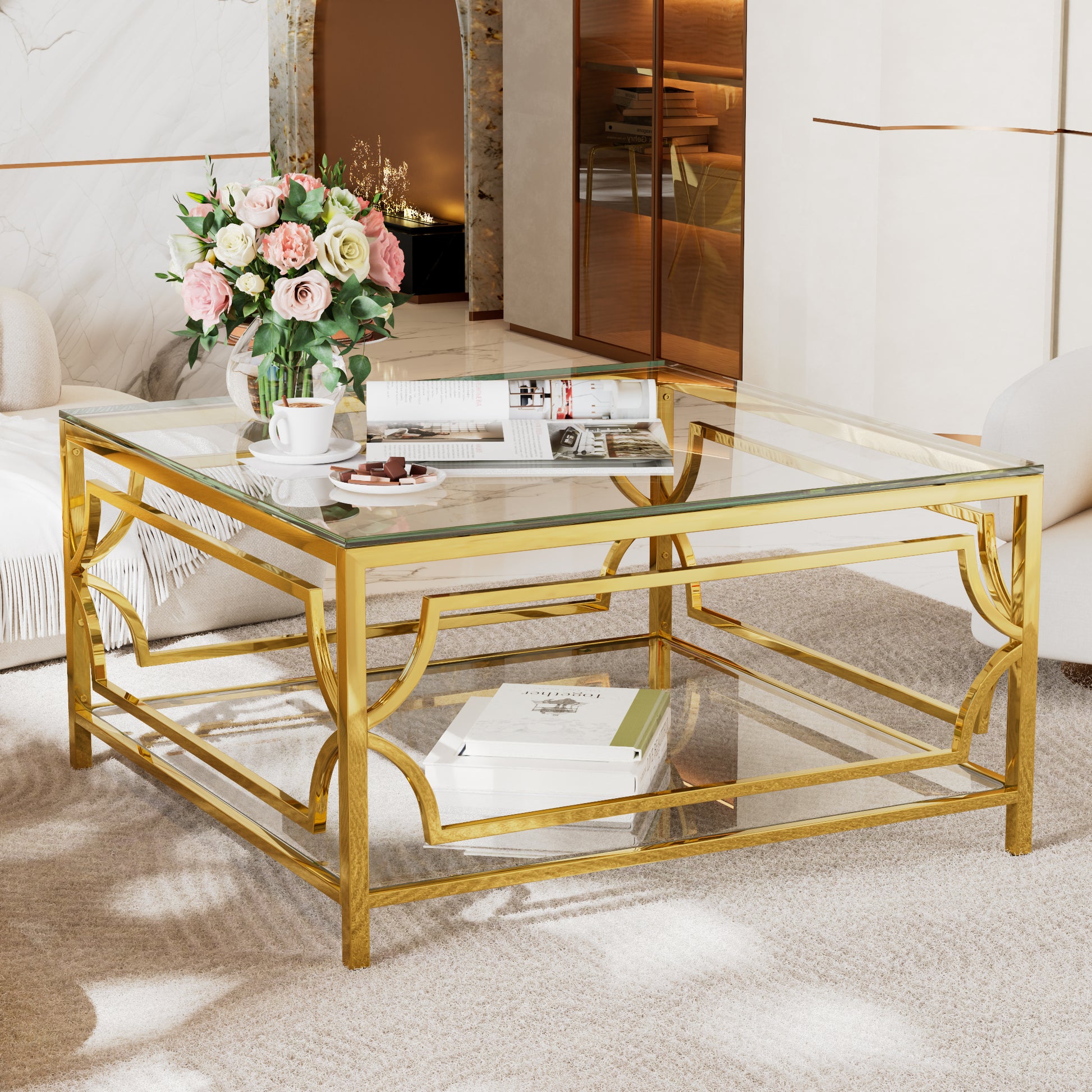 Transparent Glass Coffee Table - Geometric Gold Frame for Living Room