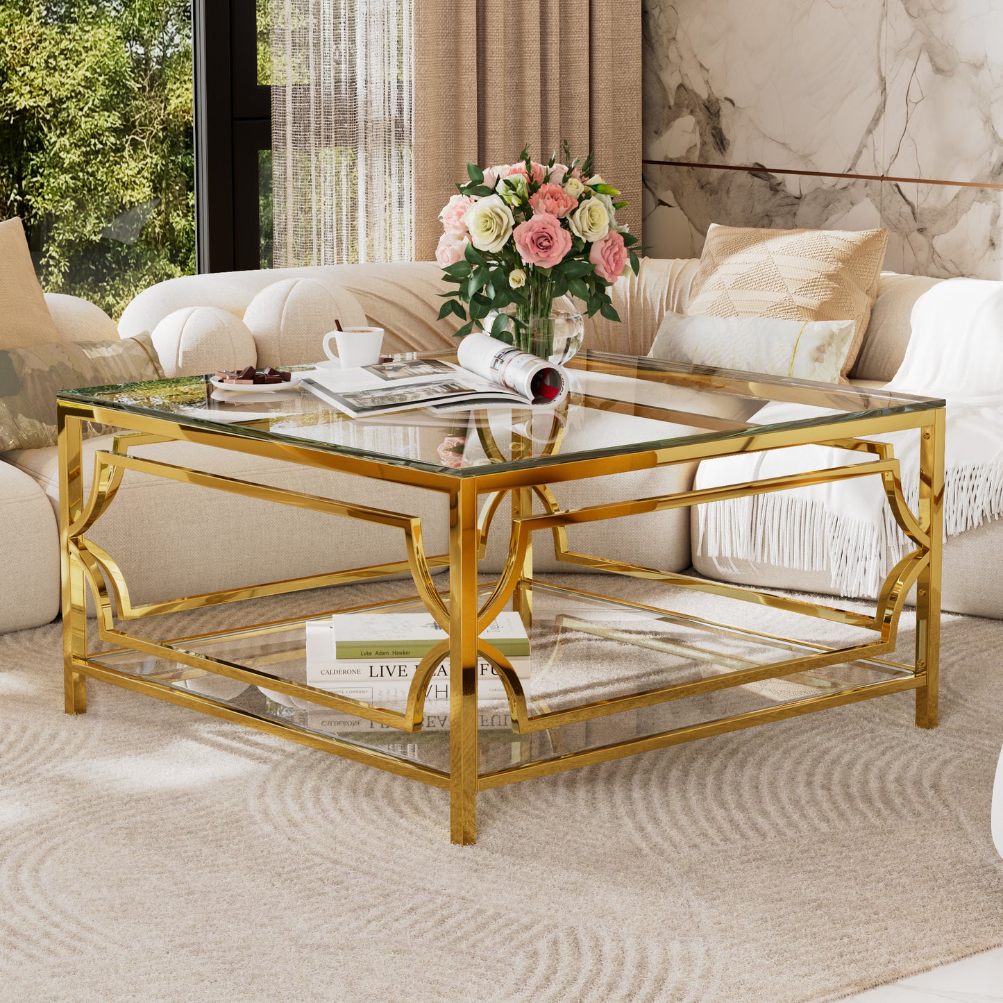 Transparent Glass Coffee Table - Geometric Gold Frame for Living Room