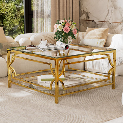 Transparent Glass Coffee Table - Geometric Gold Frame for Living Room