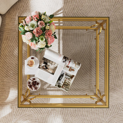 Transparent Glass Coffee Table - Geometric Gold Frame for Living Room