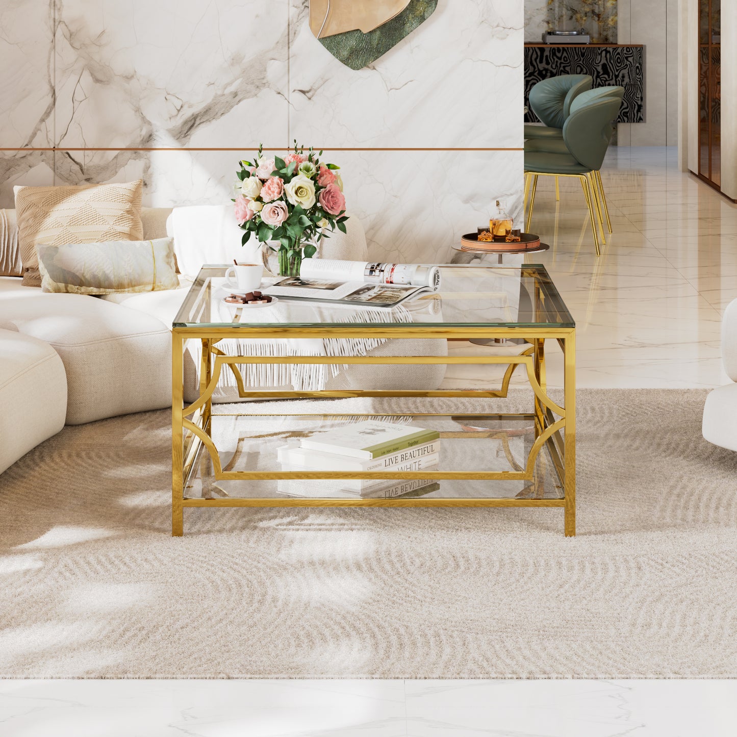 Transparent Glass Coffee Table - Geometric Gold Frame for Living Room