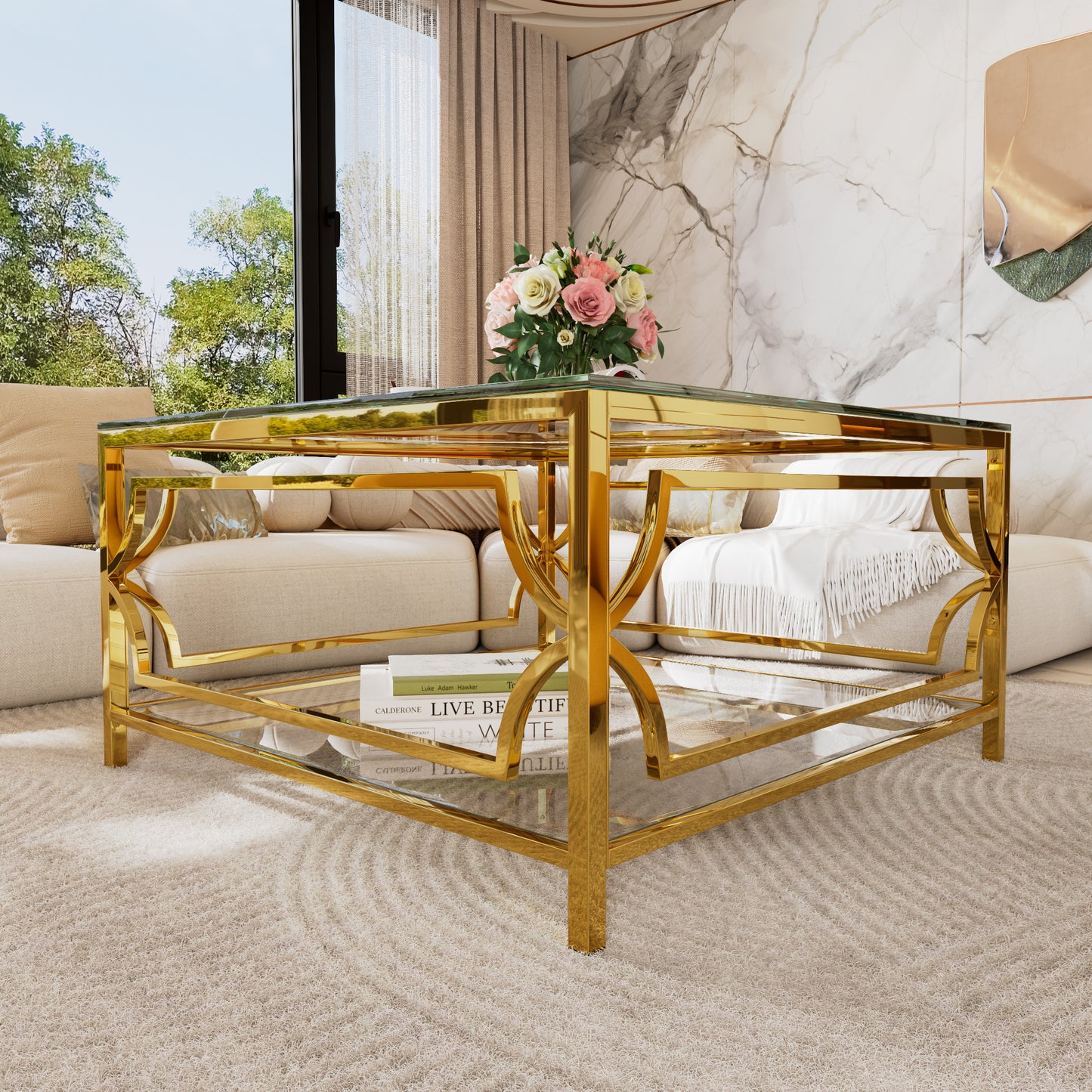 Transparent Glass Coffee Table - Geometric Gold Frame for Living Room