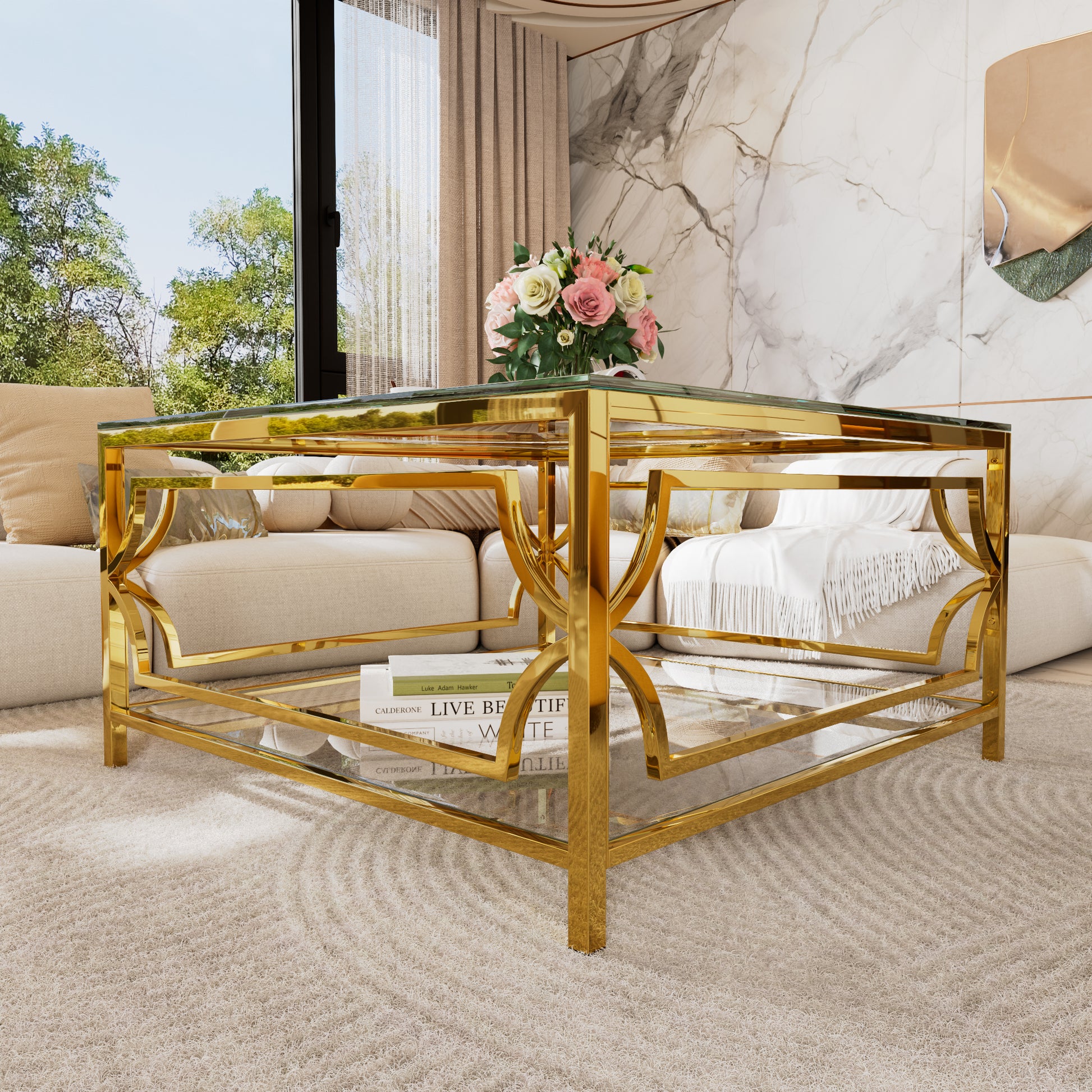 Transparent Glass Coffee Table - Geometric Gold Frame for Living Room