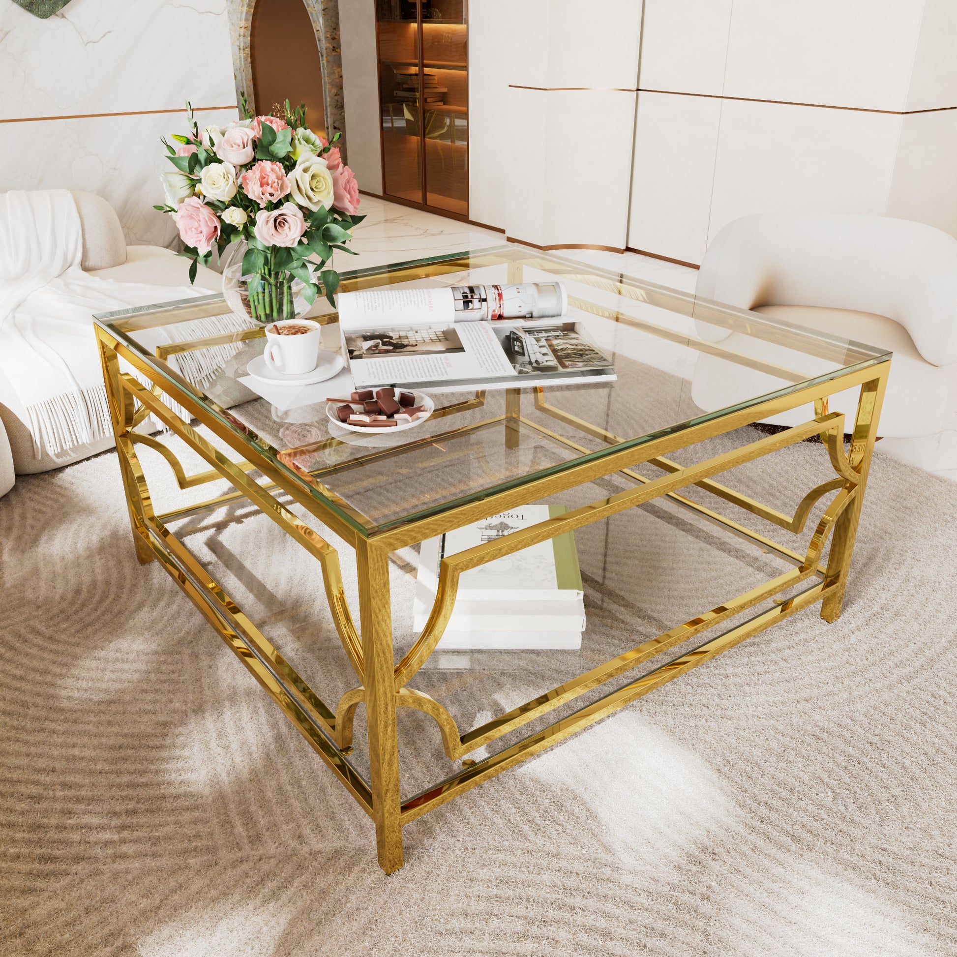 Transparent Glass Coffee Table - Geometric Gold Frame for Living Room