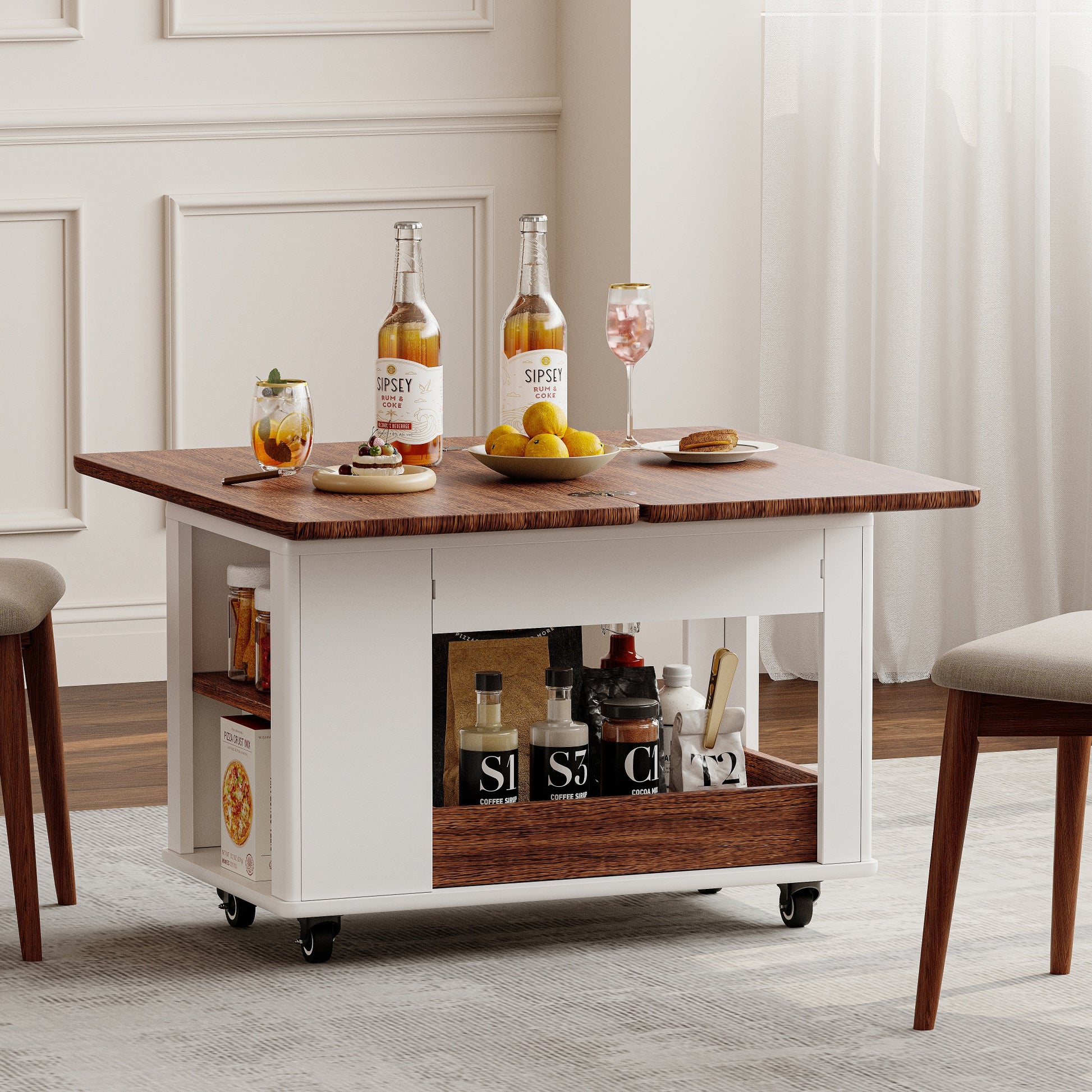 27.6'' Modern Multi-Function Coffee Table/Side Table with Foldable Top & Casters, Multi-tier storage, White & Walnut