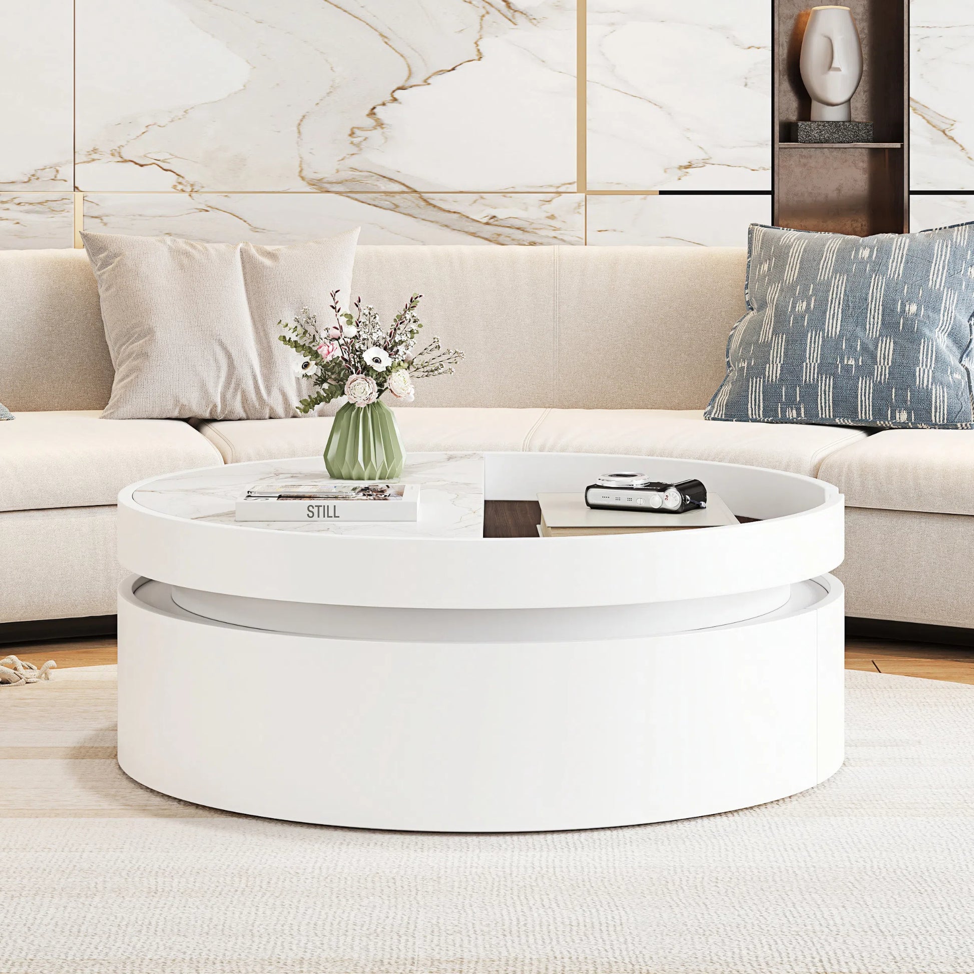 White Round Lift Coffee Table - Storage & Comfort