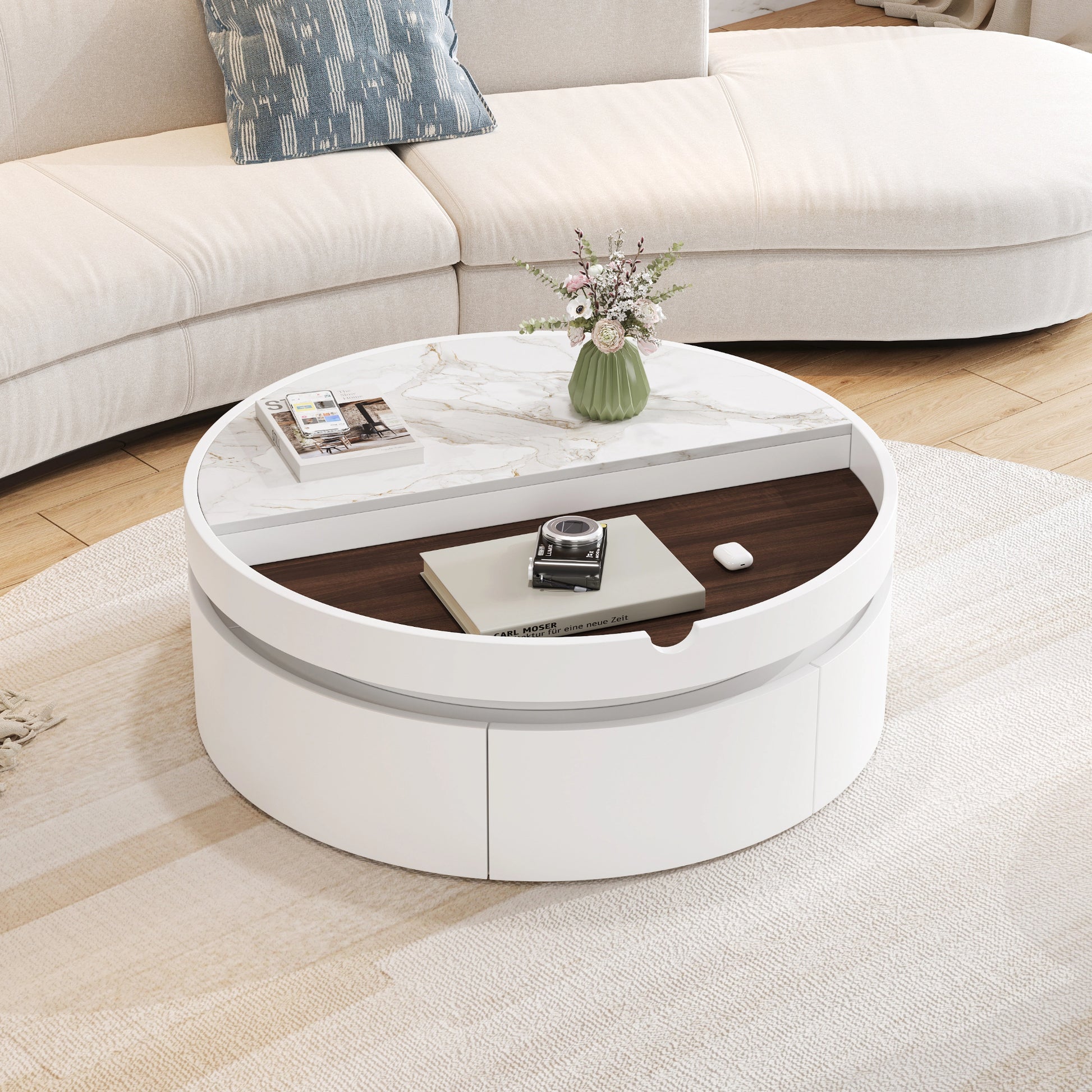 White Round Lift Coffee Table - Storage & Comfort