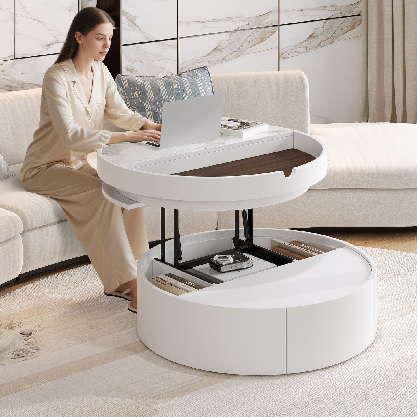White Round Lift Coffee Table - Storage & Comfort