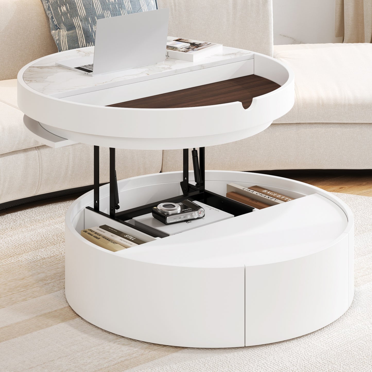 White Round Lift Coffee Table - Storage & Comfort