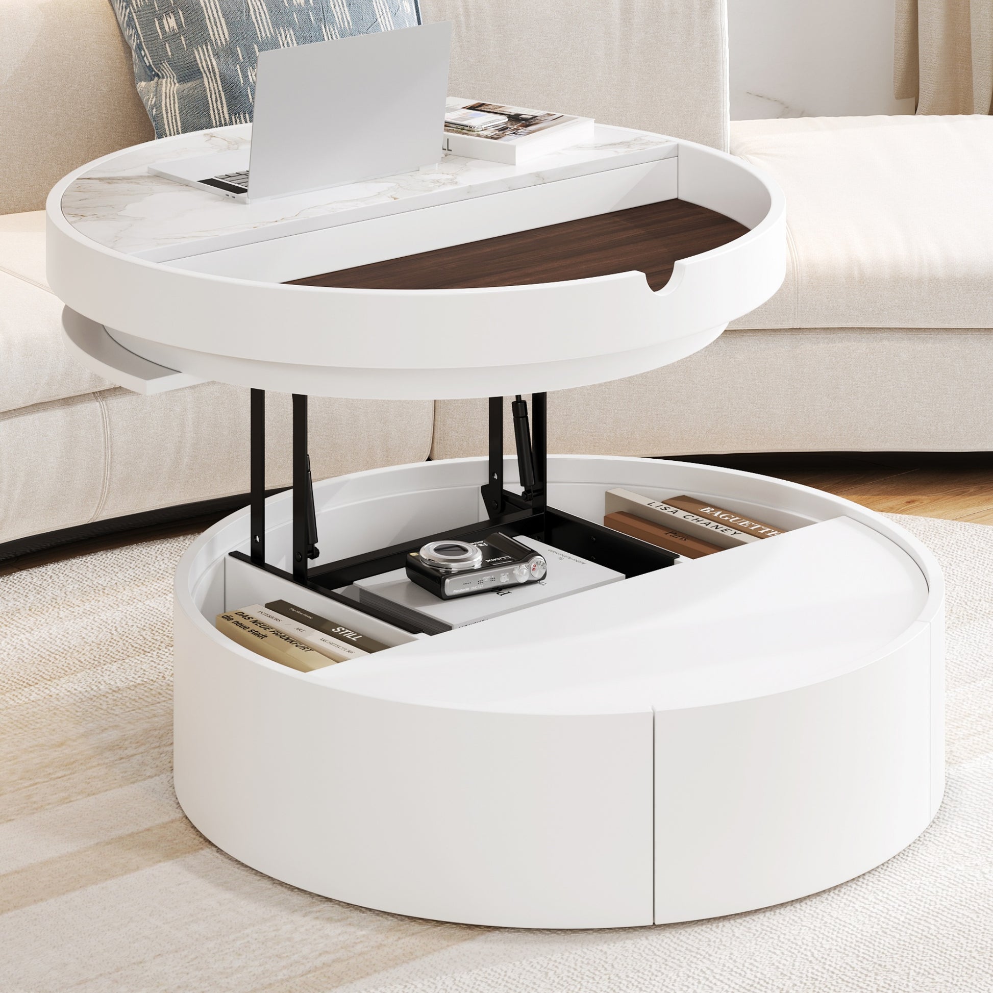 White Round Lift Coffee Table - Storage & Comfort