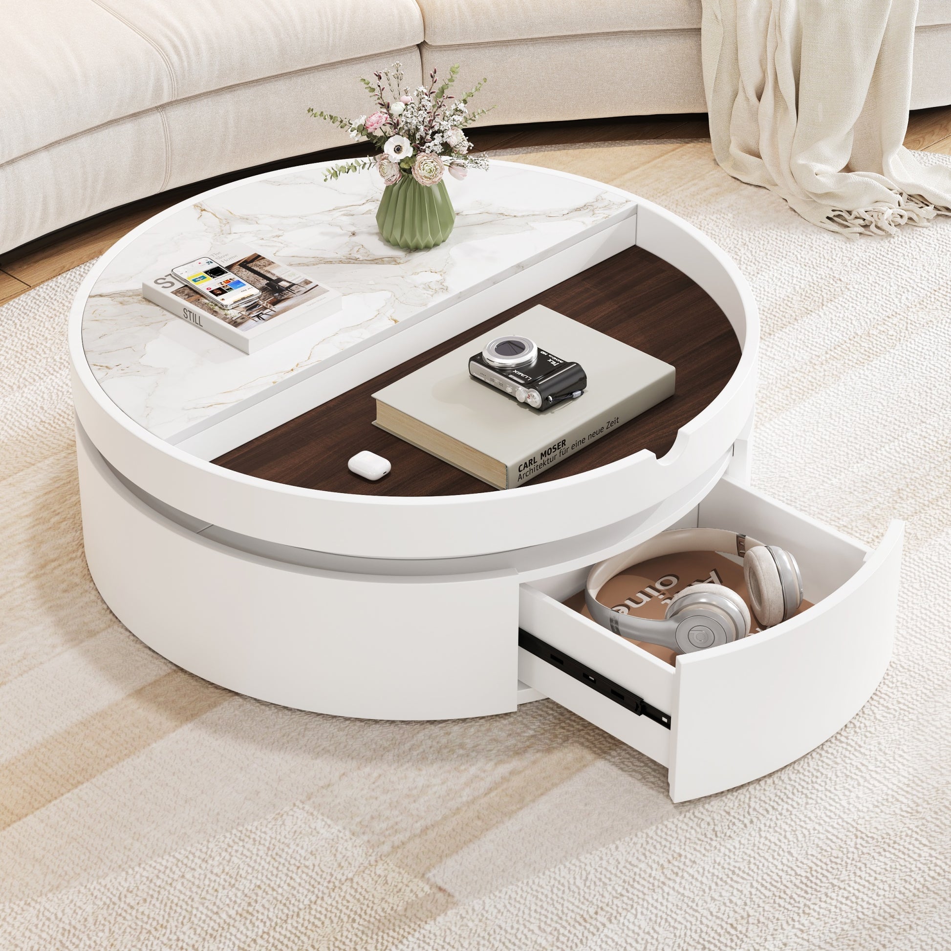 White Round Lift Coffee Table - Storage & Comfort