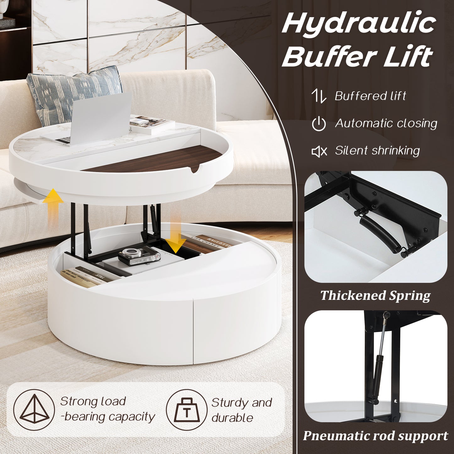 White Round Lift Coffee Table - Storage & Comfort