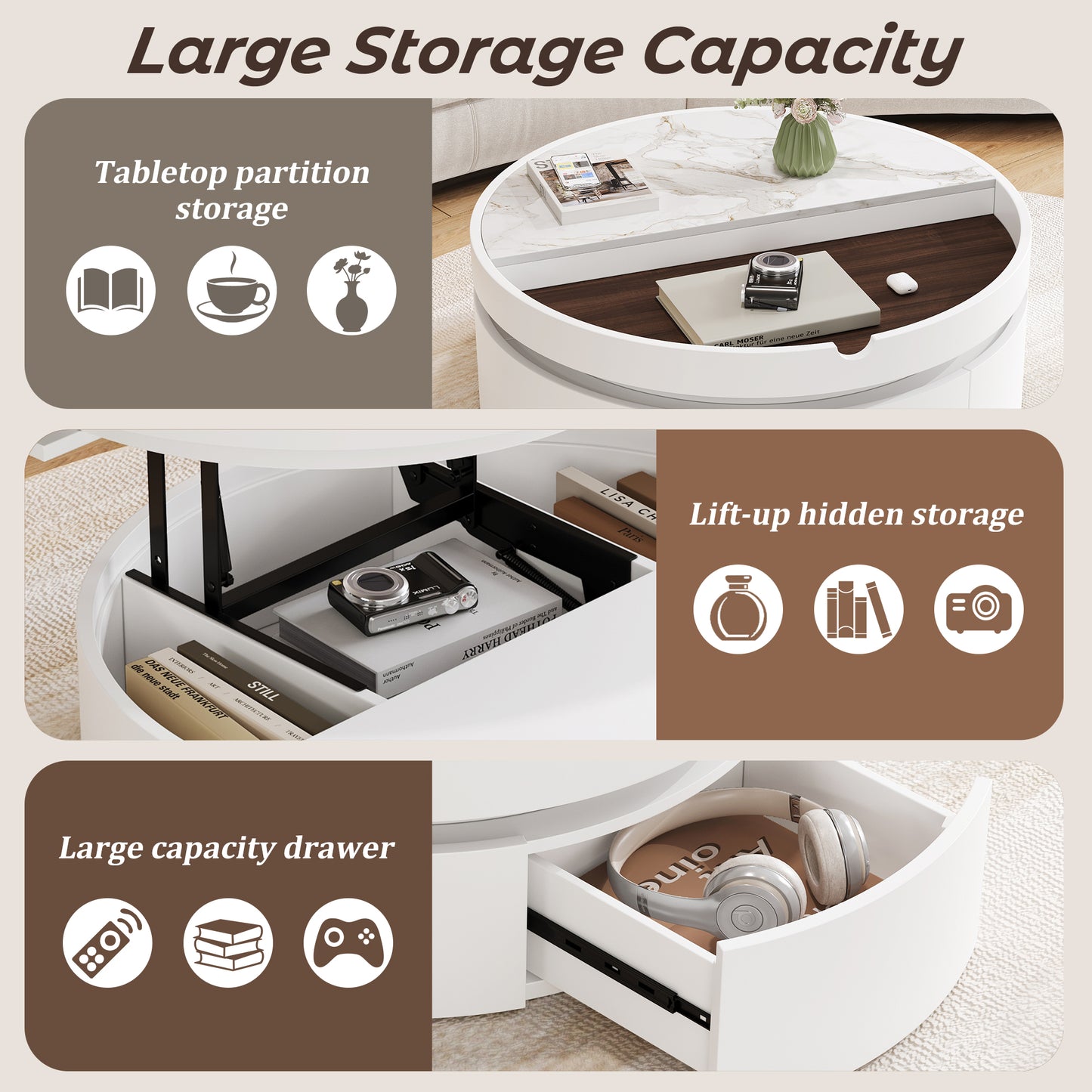 White Round Lift Coffee Table - Storage & Comfort