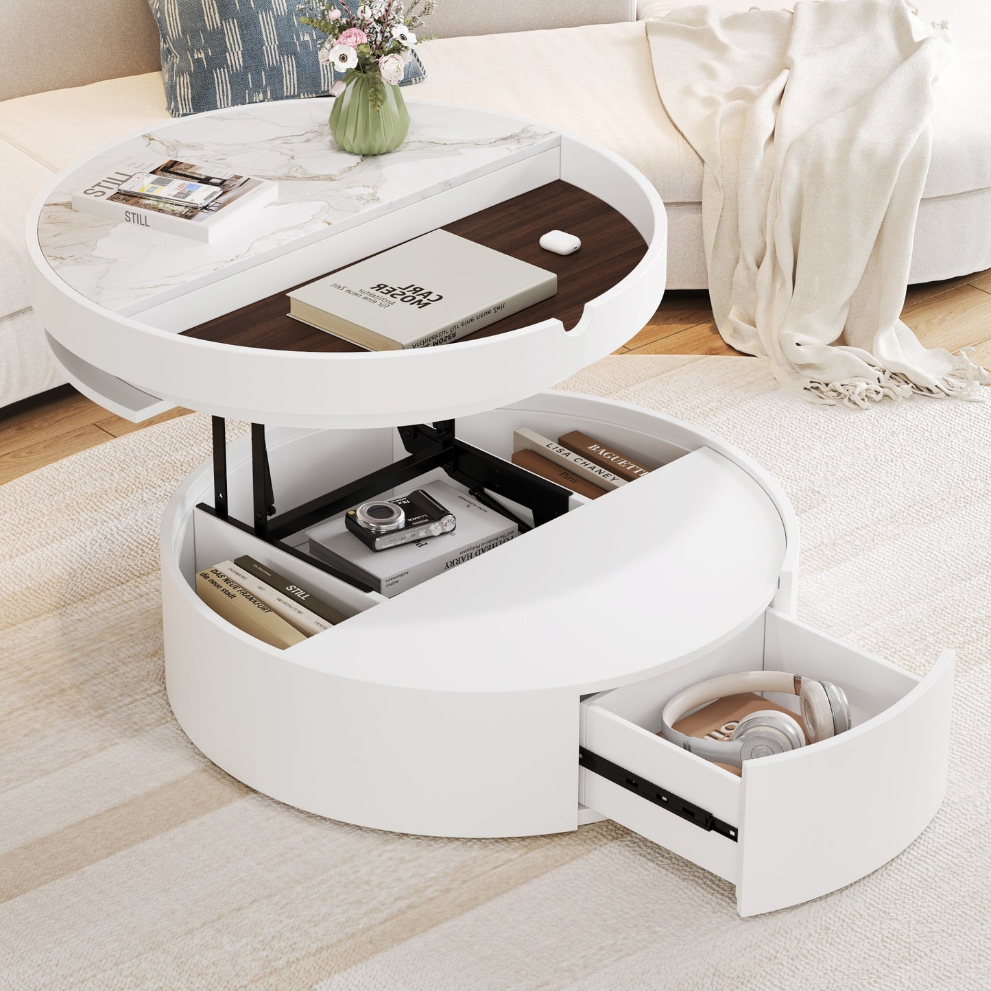 White Round Lift Coffee Table with 1 Drawer in 29.5", Marble Veneer and Wood Grain Tabletop