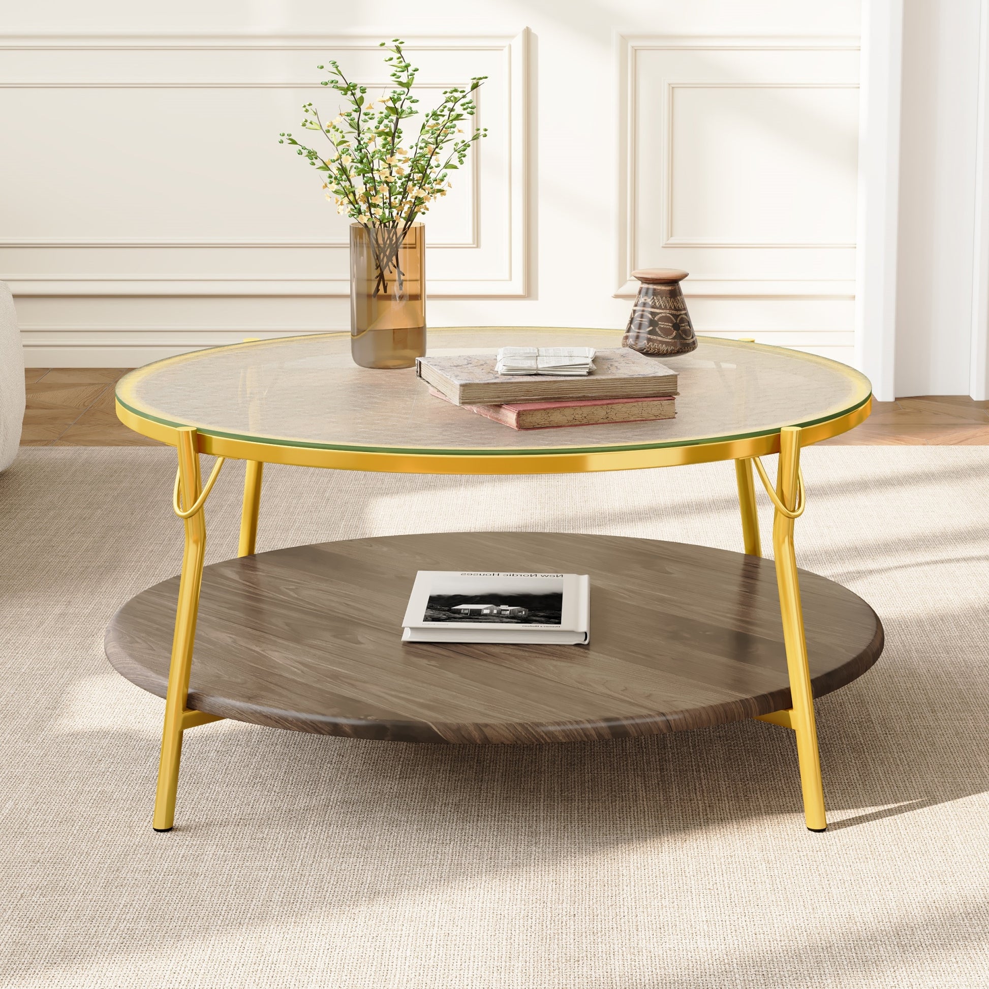 Gold Glass Walnut Coffee Table - Round 29.9" Living Room Table