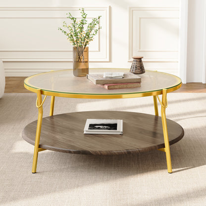 Gold Glass Walnut Coffee Table - Round 29.9" Living Room Table