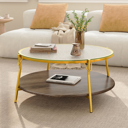 Gold Glass Walnut Coffee Table - Round 29.9" Living Room Table