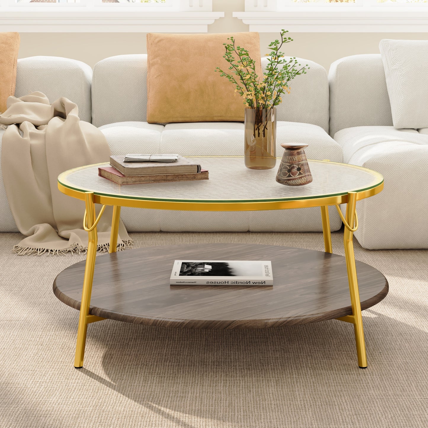 Gold Glass Walnut Coffee Table - Round 29.9" Living Room Table