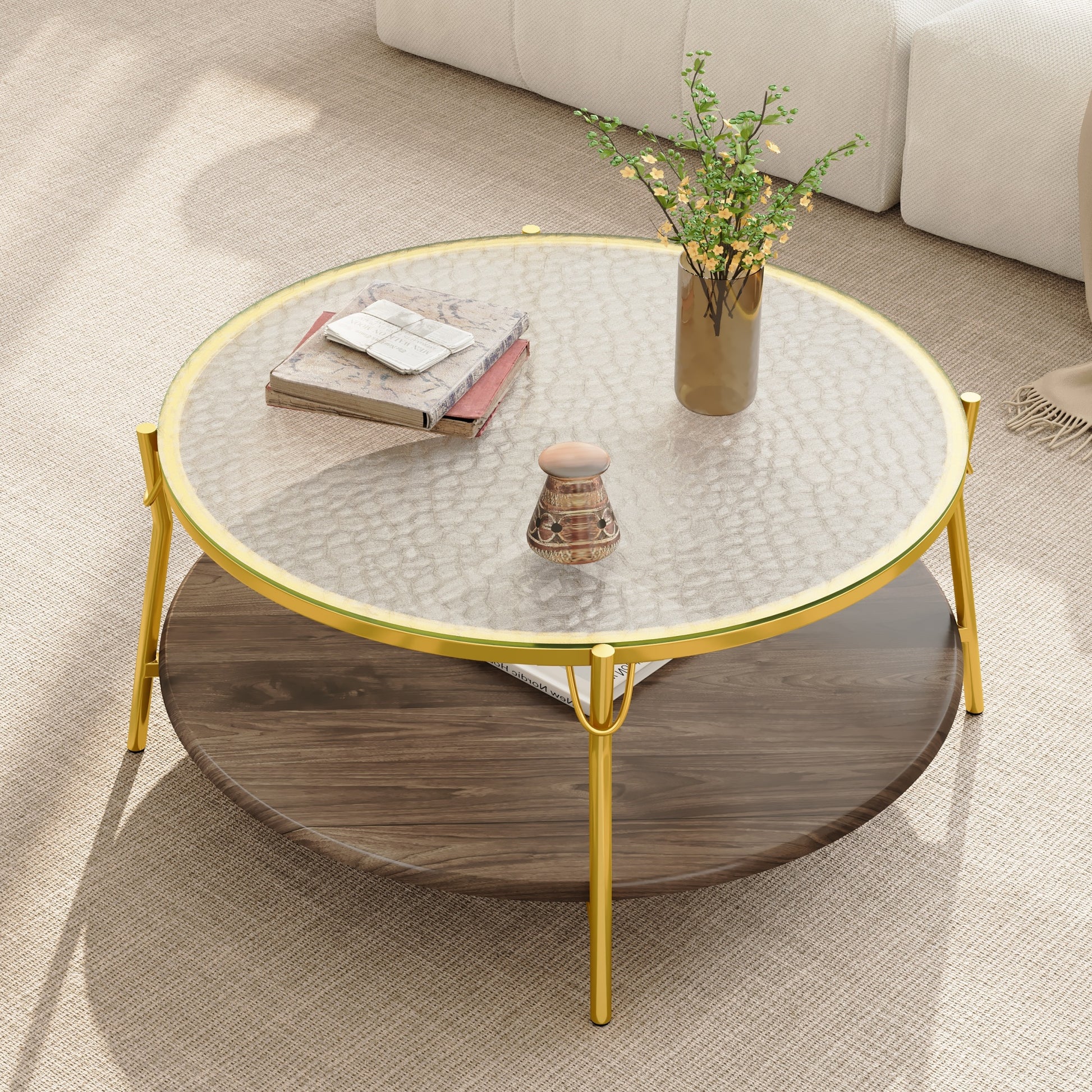 Gold Glass Walnut Coffee Table - Round 29.9" Living Room Table