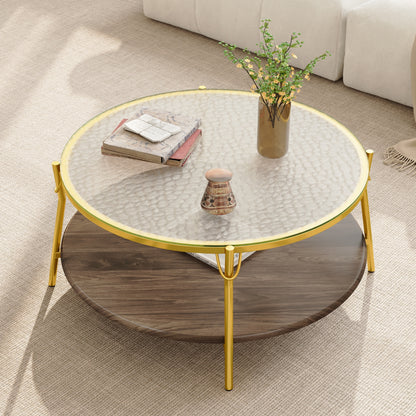 Gold Glass Walnut Coffee Table - Round 29.9" Living Room Table