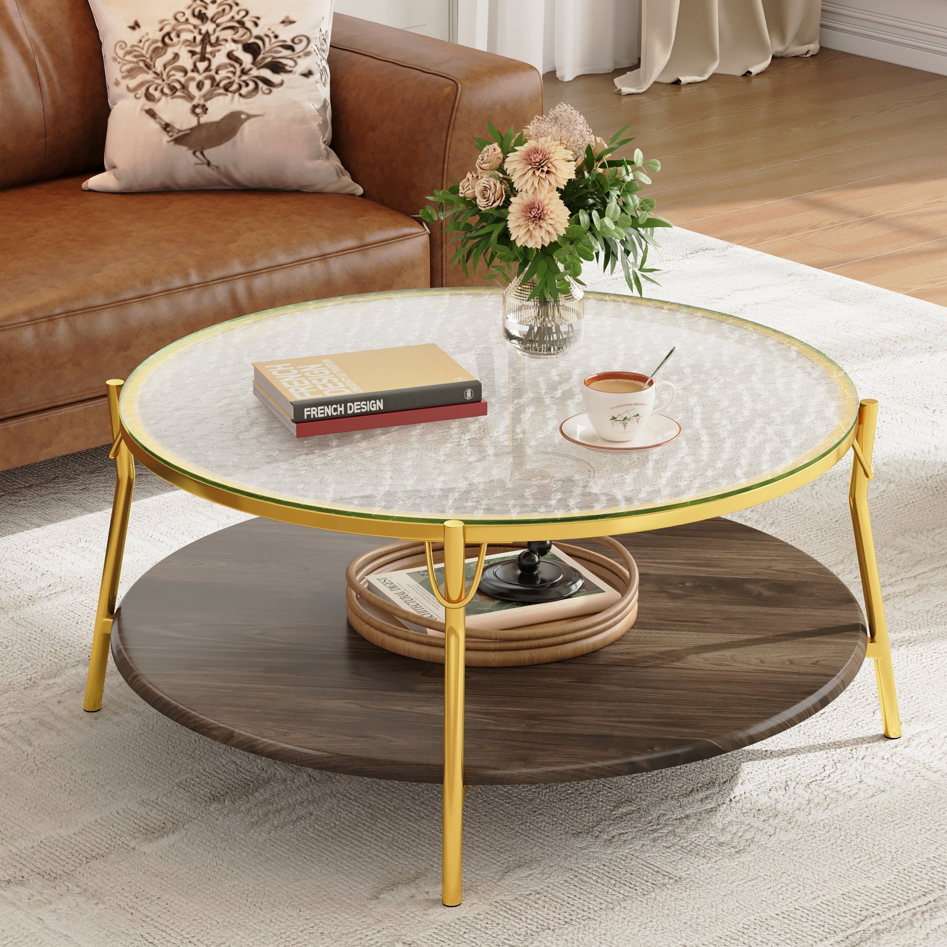 Gold Glass Walnut Coffee Table - Round 29.9" Living Room Table
