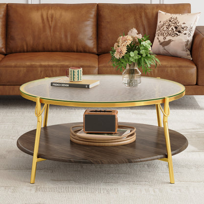 Gold Glass Walnut Coffee Table - Round 29.9" Living Room Table