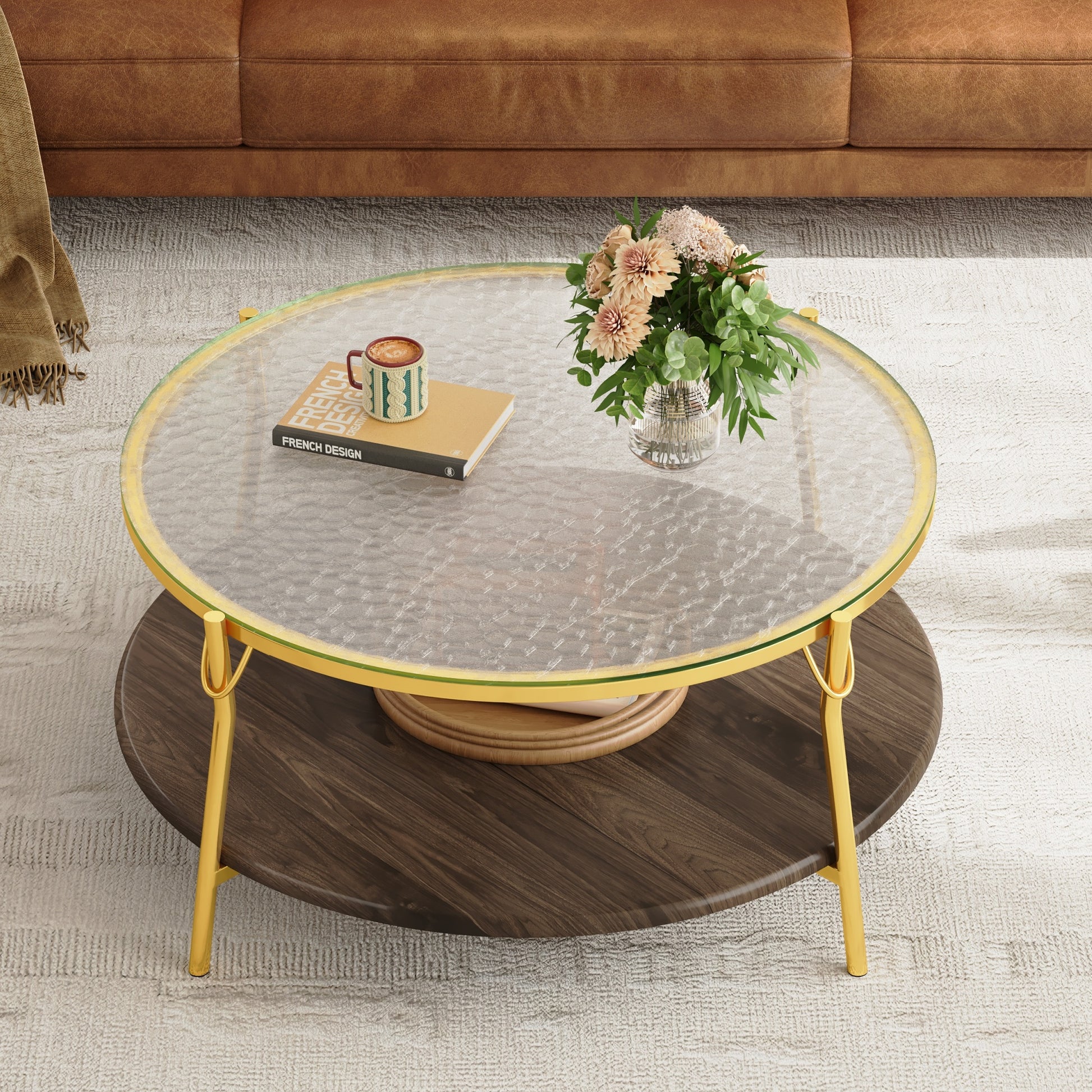 Gold Glass Walnut Coffee Table - Round 29.9" Living Room Table