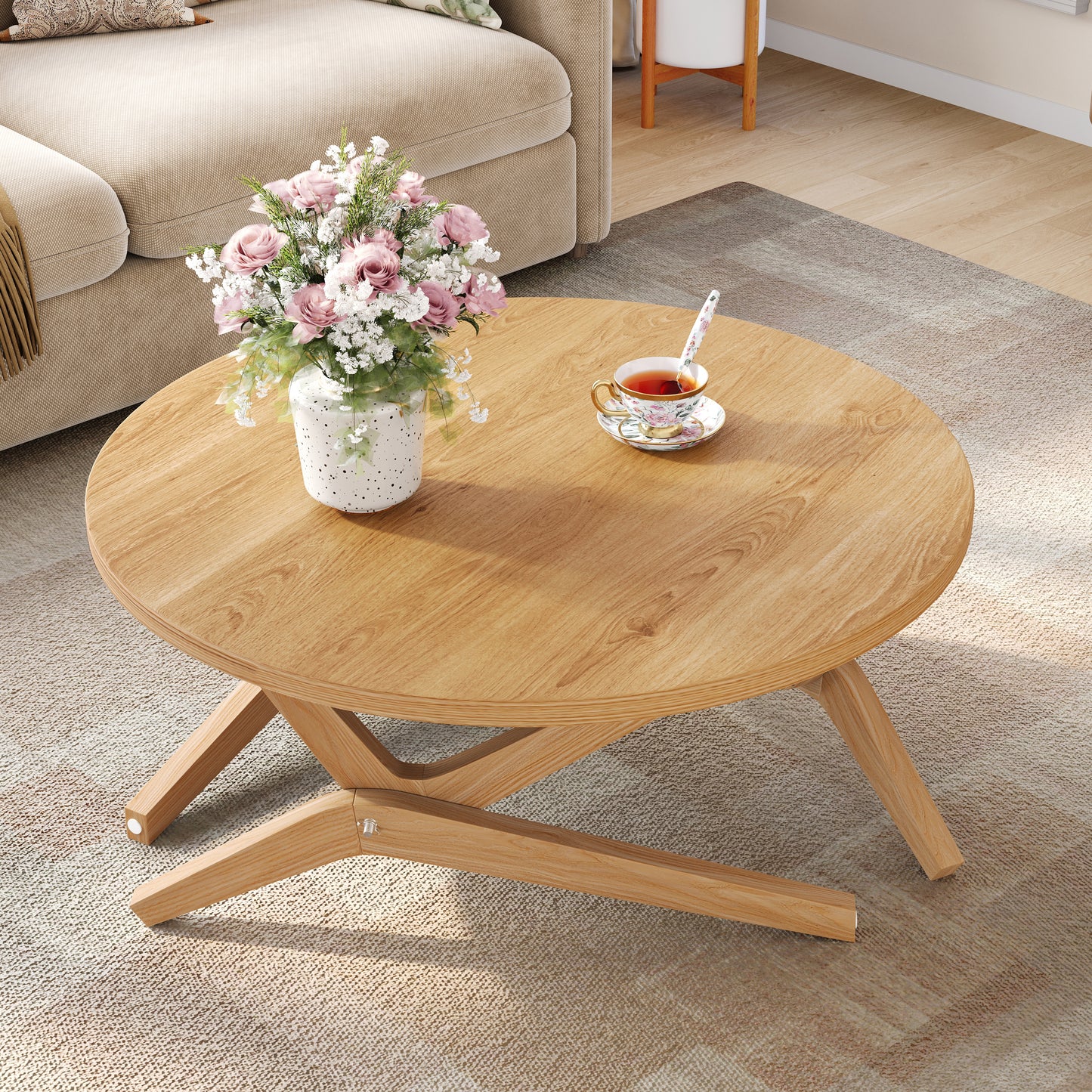 Round Rubberwood Transformer Coffee Table with Adjustable Height for Living Room