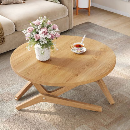 Round Rubberwood Transformer Coffee Table with Adjustable Height for Living Room
