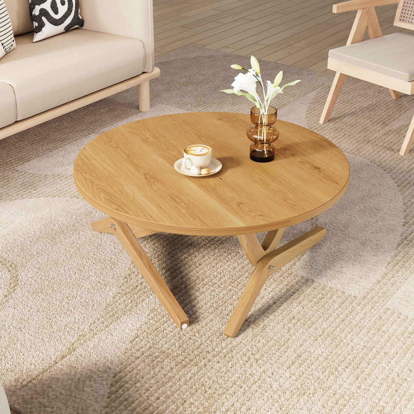 Round Rubberwood Transformer Coffee Table with Adjustable Height for Living Room