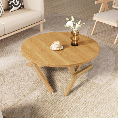 Round Rubberwood Transformer Coffee Table with Adjustable Height for Living Room