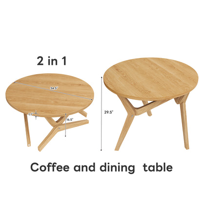 Round Rubberwood Transformer Coffee Table with Adjustable Height for Living Room