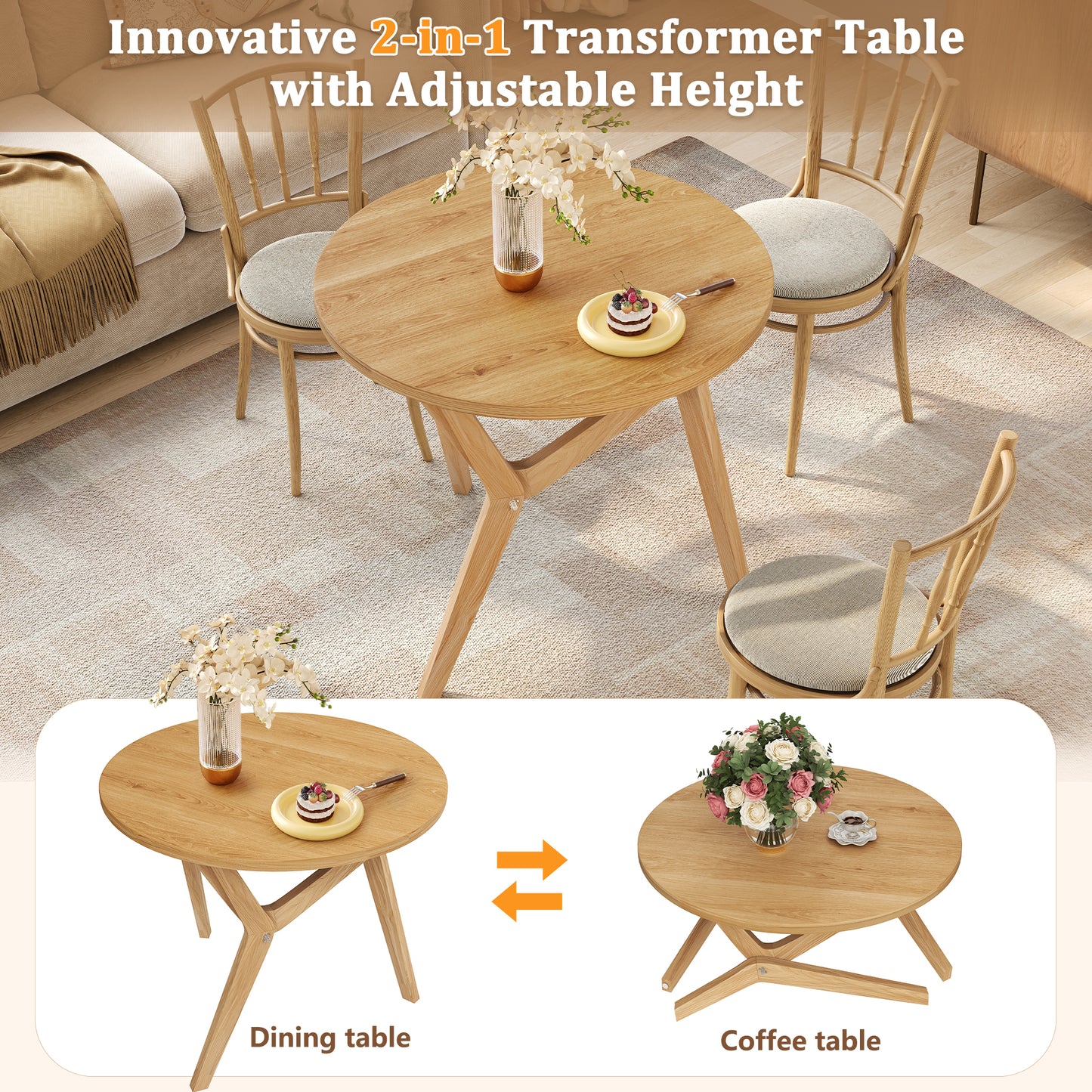 Round Rubberwood Transformer Coffee Table with Adjustable Height for Living Room