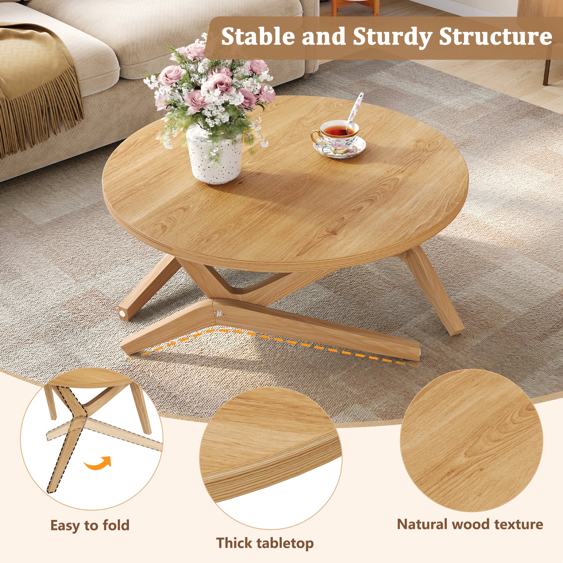 Round Rubberwood Transformer Coffee Table with Adjustable Height for Living Room