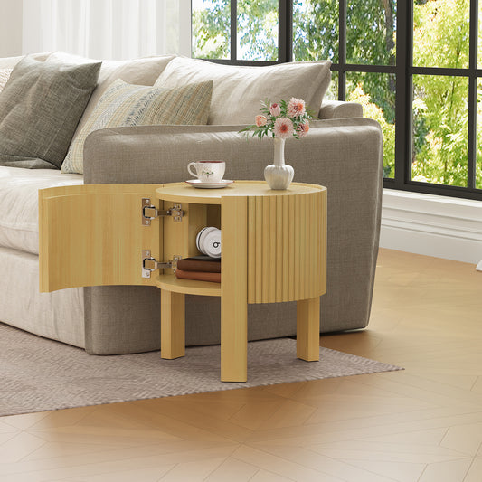 Round Fluted Side Table with Storage for Living Room, Rubber Solid Wood, Soft-close Door, Natural, 19.6"