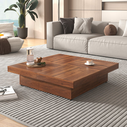 Square Walnut Coffee Table with Sliding Storage - 39.4"