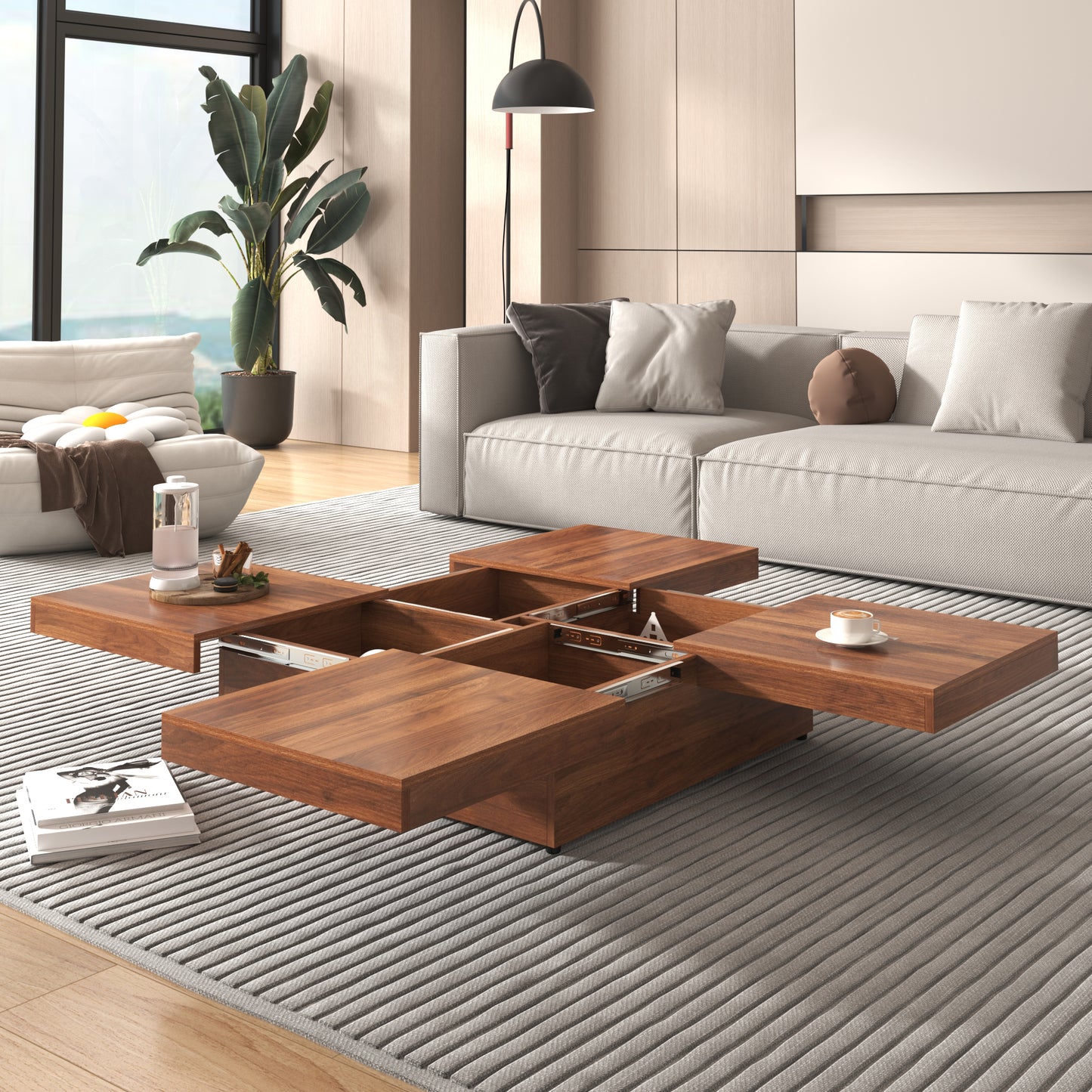 Square Walnut Coffee Table with Sliding Storage - 39.4"