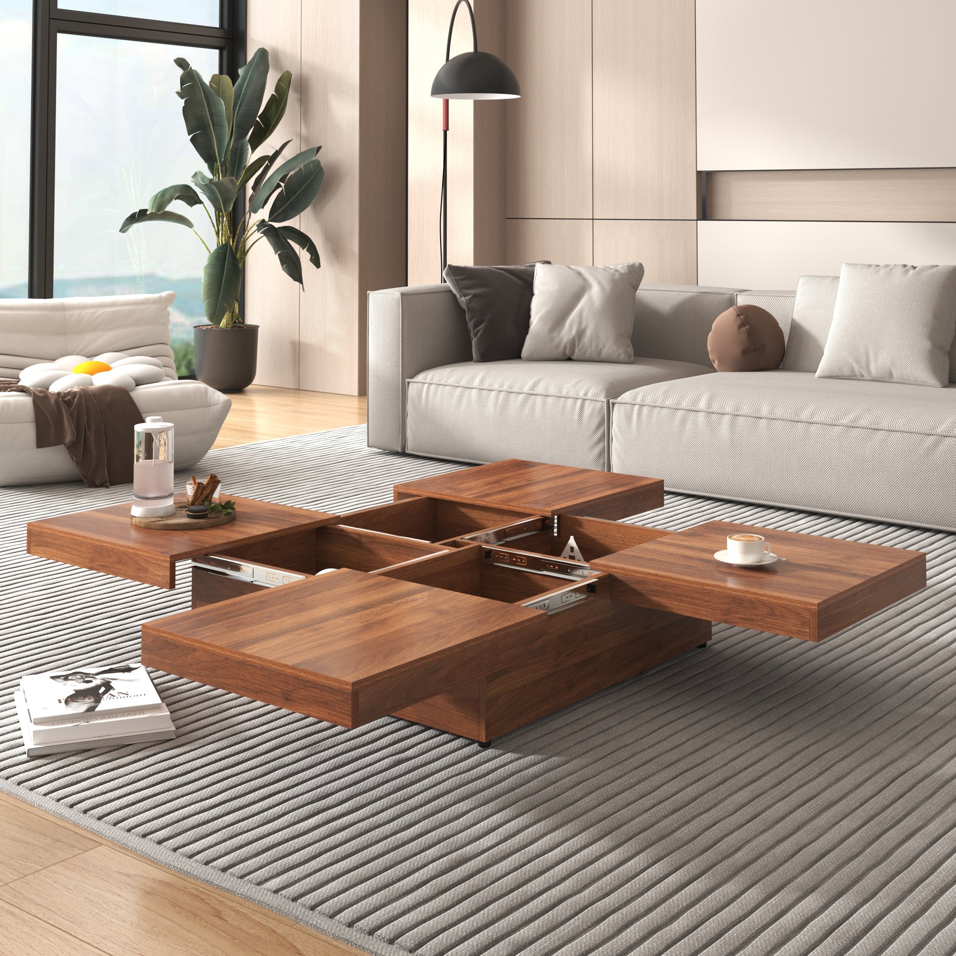 Square Walnut Coffee Table with Sliding Storage - 39.4"