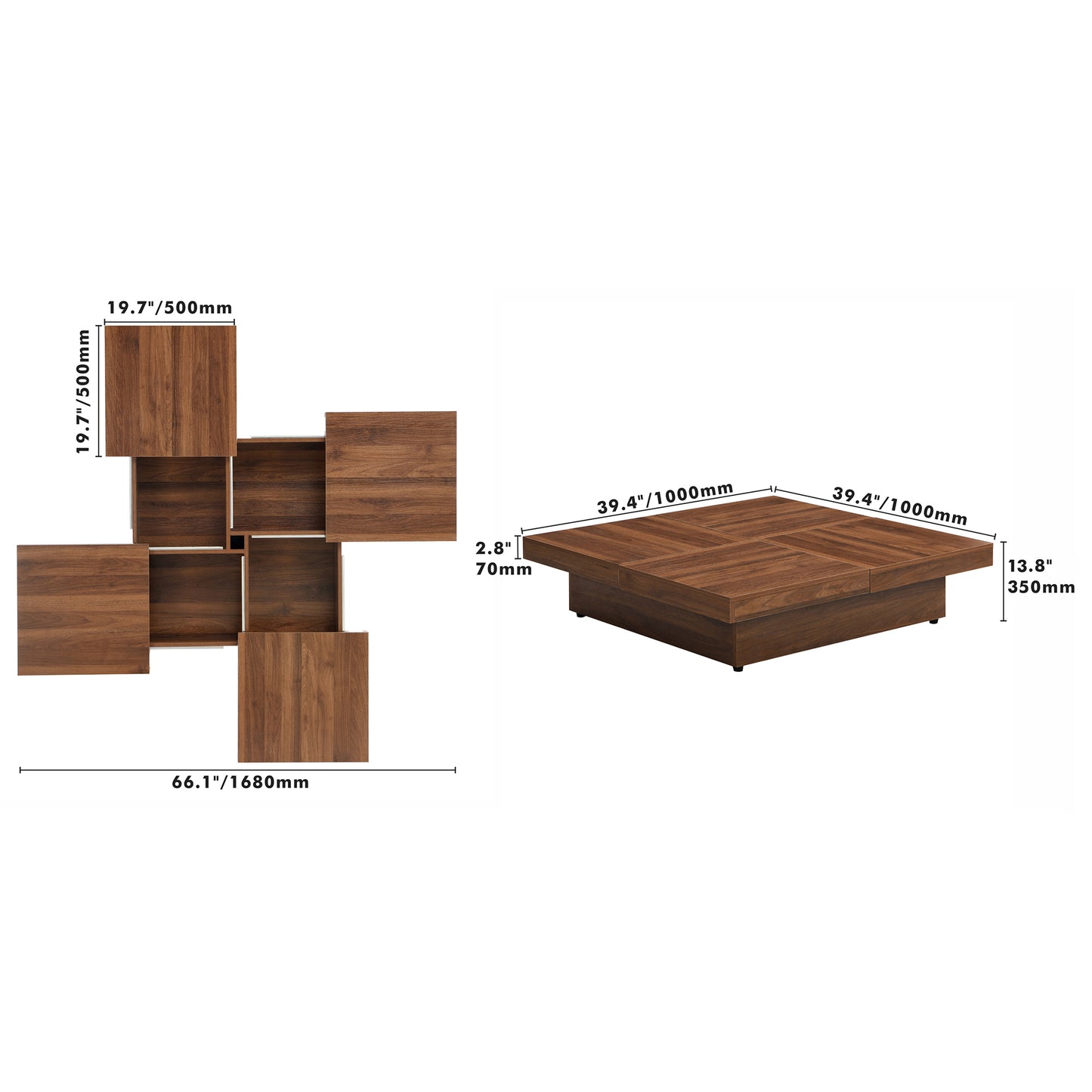 Square Walnut Coffee Table with Sliding Storage - 39.4"