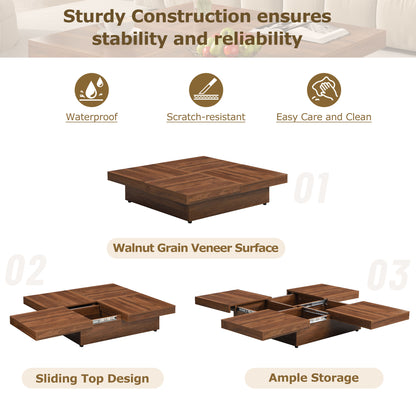 Square Walnut Coffee Table with Sliding Storage - 39.4"