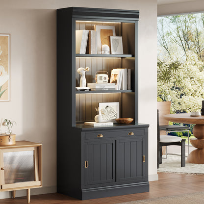83.4"Tall Bookshelf with with 3 pieces LED Lighting, Modern Bookcase with Sliding Doors and Open Shelves,Storage Bookshelf for Living Room,Home Office,Black
