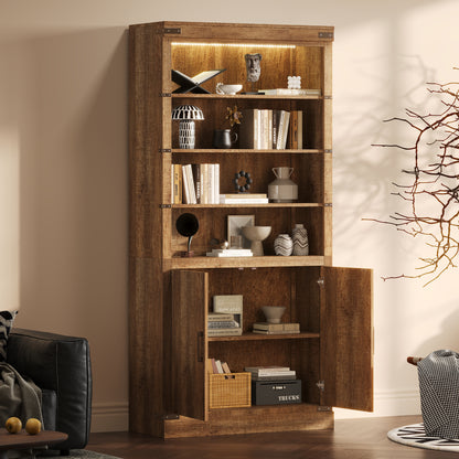 83.4"Tall Modern Bookshelf with Doors, Farmhouse Bookcase with 3-Tier Adjustable Shelves, Display Shelves with LED Light,Large Storage Cabinet for Living Room,Home Office, Walnut