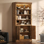 83.4"Tall Modern Bookshelf with Doors, Farmhouse Bookcase with 3-Tier Adjustable Shelves, Display Shelves with LED Light,Large Storage Cabinet for Living Room,Home Office, Walnut