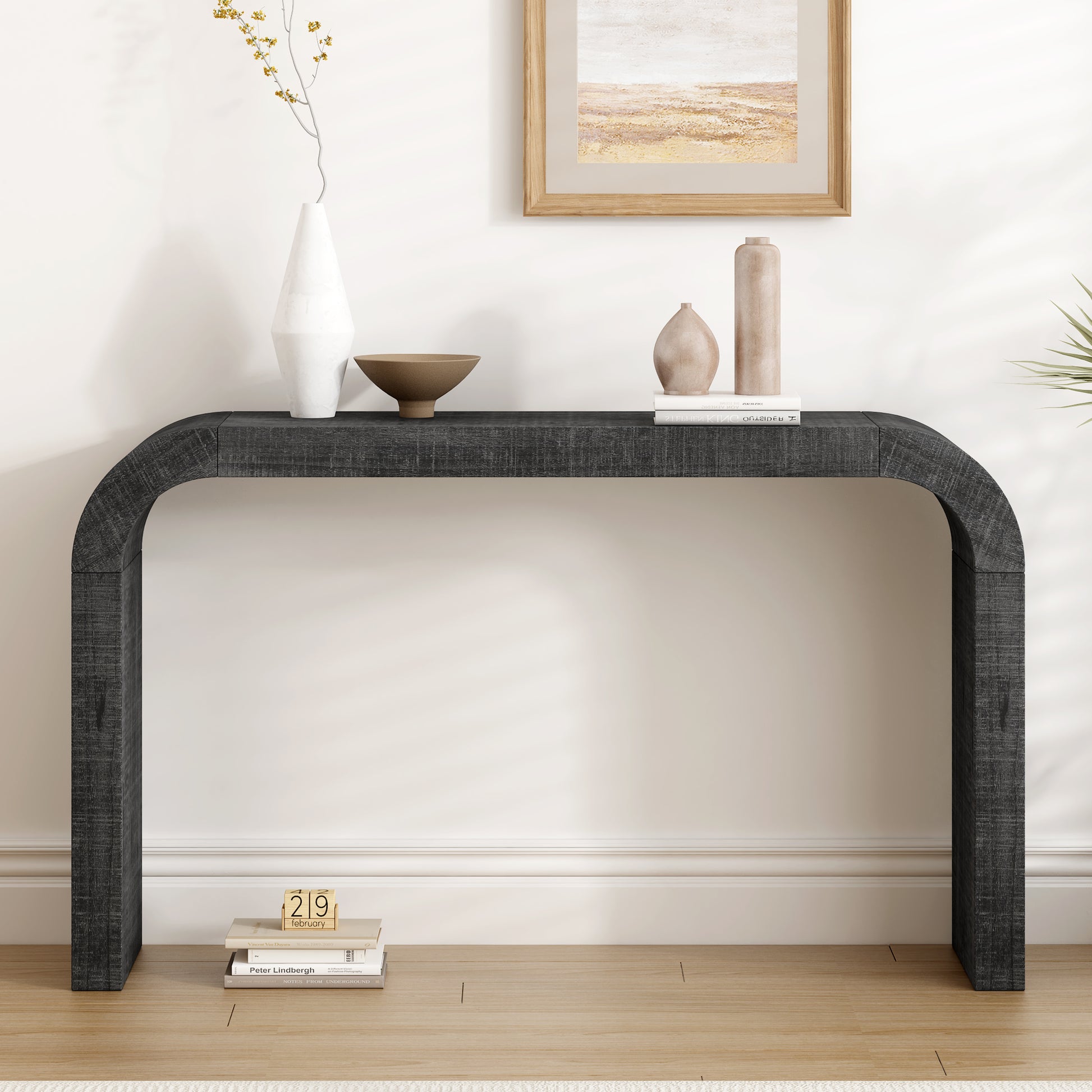 52" Wood Console Table with Curved Edge, Natural Texture, Perfect for Entryways and Living Rooms