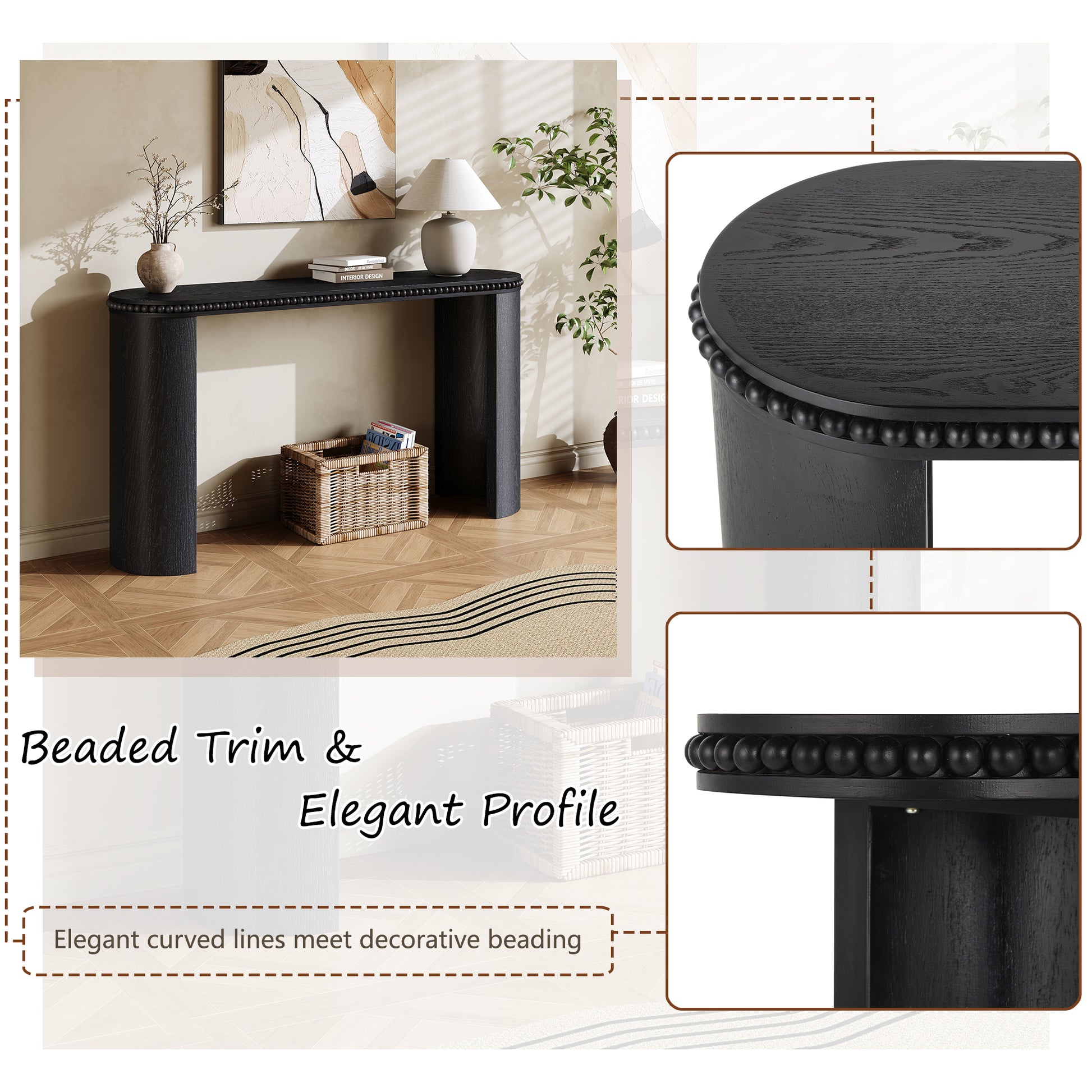 Black Console Table with Beaded Trim - 59.84" Entryway Accent Table